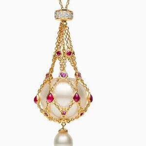basket faux pearl pendant gold tone and red cz stones